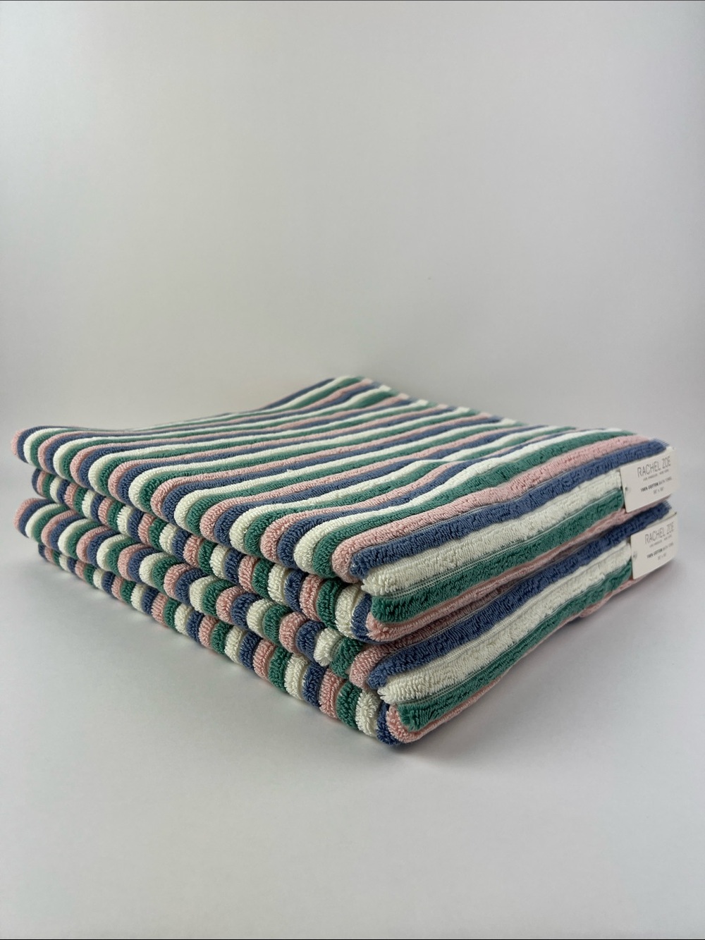 Rachel Zoe Striped Bath Towels Pastel Rainbow Pink Blue Cream Cotton 2 Pc NEW